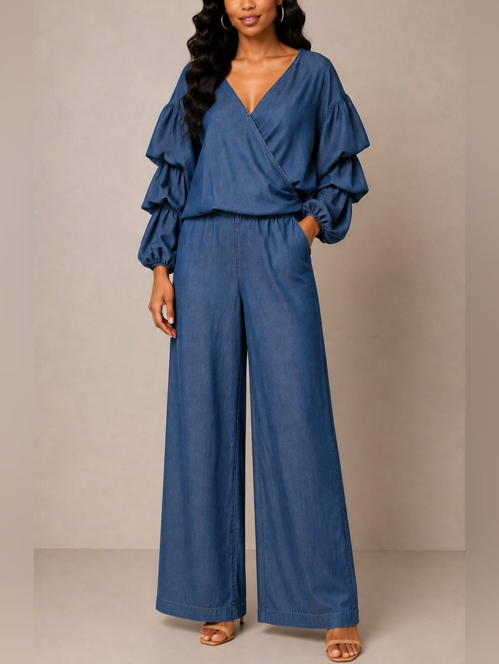 Linea Donna Blue Wide-Leg Chambray Denim Pantsuit with Tiered Puff Sleeves L/XL